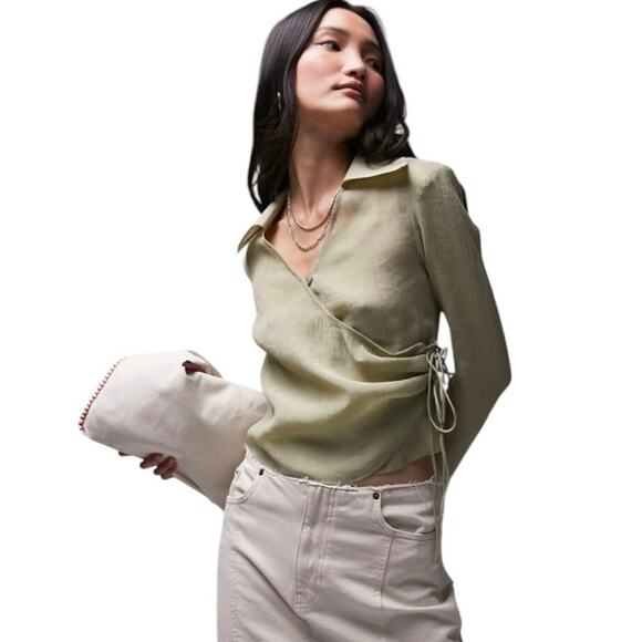 Topshop Khaki Wrap Blouse Collared Long Sleeve Side Tie Top NWT Size 12 - Picture 8 of 8